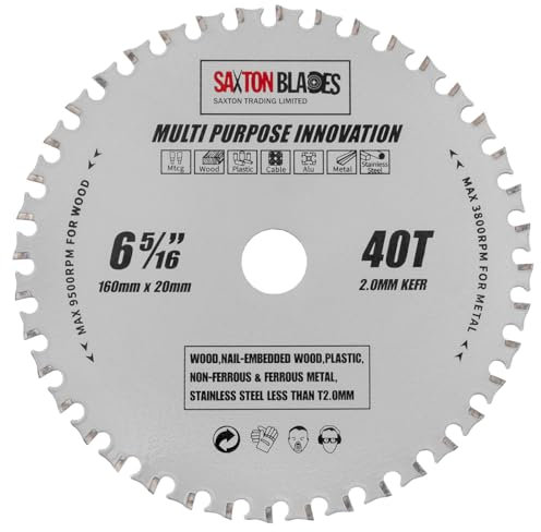 Saxton TCT16040TMPT - Lama per sega circolare multiuso TCT, 160 mm x 40 denti x 20 mm foro (anello da 16 mm), per legno e metallo, adatta a Festool, Bosch, DeWalt, ecc