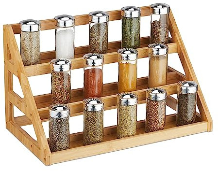 Relaxdays Gewürzregal, Bambus, HxBxT: 23,5 x 39,5 x 21,5 cm, 3 Ebenen, Gewürzhalter stehend, Gewürzaufbewahrung, natur