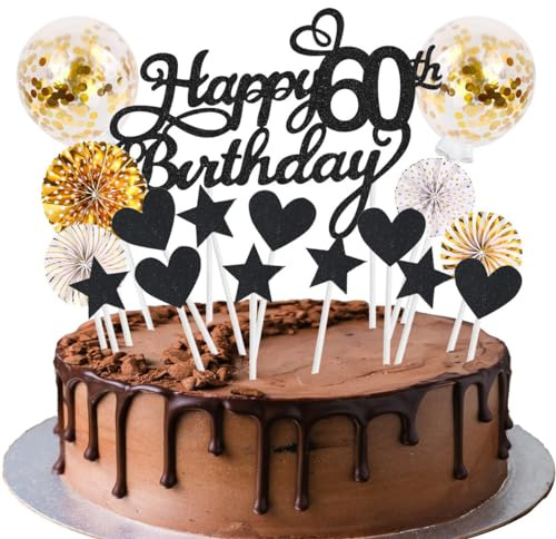 Cake Decoration Happy Birthday Cake Decoration Black Gold 60th Birthday for Women Men Glitter Cake Topper