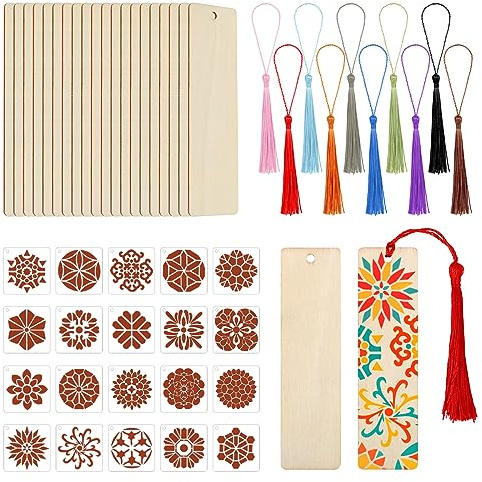 JSRQT 20Stk Blanko Holz Lesezeichen, DIY Blanko Lesezeichen Set mit 20 Mandala Schablone und 20 Bunten Quasten, Unfertiges Holzetiketten zum Aufhängen, für Kinder Erwachsene Heimdekoration
