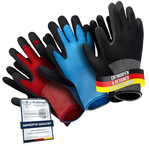 LAUTER SCHUTZ ® für Kinder: 3 Paar Arbeitshandschuhe (mit Handflächenbeschichtung) aus dehnbarem Gewebe, für Gartenarbeit und mehr (Größe M (5-7 Jahre))