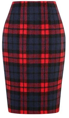 IDEALSANXUN Faldas Midi a Cuadros para Mujer 2023, otoño e Invierno, Falda de Lana lápiz con Abertura, Rojo -, M