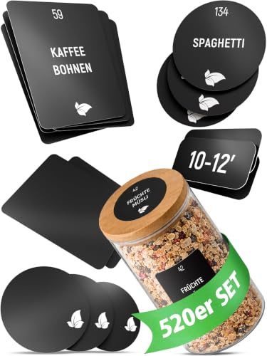 LAEVU Vorratsetiketten selbstklebend | 520 Stück | XXL Stickers Set für Vorratsdosen | Aufkleber Rund Minimalistisch & Wasserfest | Etiketten Küche | Schwarz
