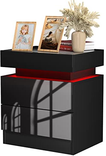 PIPIPOXER Nachttisch mit LED, Nachttisch Schwarz mit großen Stauraum,Nachttische mit 2 Schubladen und Hochglanz Kommode für Wohnzimmer, Schlafzimmer, 45x35x52cm