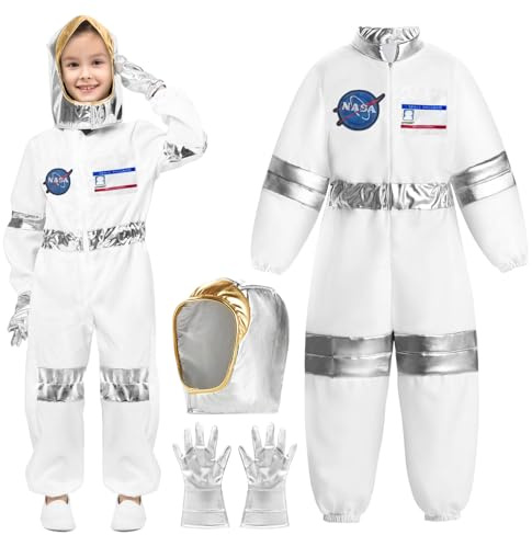 Astronaut kostym, jumpsuit för barn: Rymdjumpsuit för barn, astronaut, NASA-dräkt för pojkar, flickor med hjälm och handskar, Pretend rollspel, karneval, halloweenklänning (vit, 120)