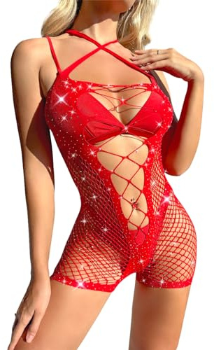 Satohom Mujer Lingerie Body de Malla de Pesca con Pedrería, Ahuecado Lencería Ropa de Dormi sin Espalda Teddy Babydoll, Sexy sin Mangas Rejilla Vestido Corto Camisón de Elástico Femenina