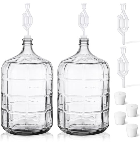 Ziliny 2 Pieces 5 Gallon Glass Carboy, 5 Gallon Glass Water Jug with Drilled & Undrilled Silicone Stoppers and Airlock Fermenting Jug Fermentation Jar Clear Beer Carboy for Beer Wine Making (Clear)