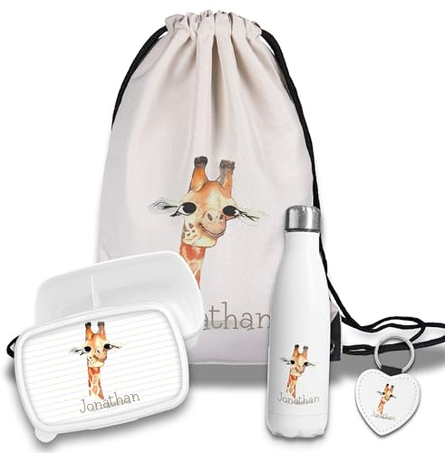 timalo Kinder Schulset Brotdose, Trinkflasche, Turnbeutel personalisiert mit Namen | Set Wasserflasche Edelstahl | Lunchbox mit Trennwand | Geschenk zur Einschulung & Kindergarten | 18- Giraffe