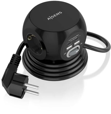 AISENS Regleta de Enchufes Sobremesa Multifuncion con 3 Tomas + 2xUSB-C. 2xUSB-A. 1.4M. Negro