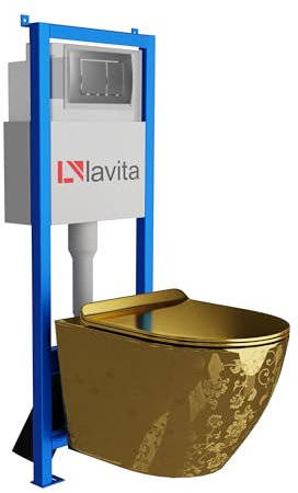 Lavita LAV 101 Vorwandelement für WC 40cm + Wand Hänge Tiefspül WC SOFI SLIM GOLDEN EYE Spülrandlos + Bedienplatte LAV 200.1.3 Satin | Komplettset | Unterputz Spülkasten | Toilette Komplett Sett