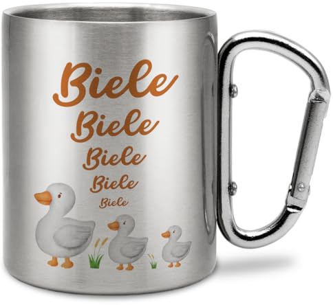 Prozente Momente Biele Biele Biele - Edelstahl-Trinkbecher mit Karabinerhaken | Geschenkidee | 330 ml | Becher | Camping | Vereine | Silber