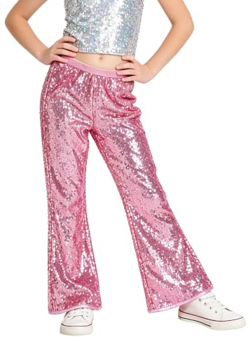 LOLANTA Pantalones de Lentejuelas para Niña, Pantalones Acampanados Disco Brillantes, Ropa de Fiesta y Hip Hop, Rosa, 11-12 años, 160