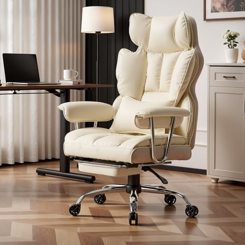 Efomao Bürostuhl, Chefsessel Ergonomischer bis 200kg, PU-Leder Schreibtischstuhl mit Fußstütze und Lendenwirbelstütze, Höhenverstellbar Home Office Stuhl