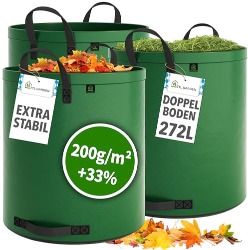 TTL GARDEN 3x 272L SUPER SOLID Gartensack grün - DOPPELTER BODEN 2x200 gsm | Extra stabil & reißfest selbststehend 4 Griffe groß robust 3er Set Laubsack, Abfallsack für Gras, Laub, Hecke, Gartenabfall