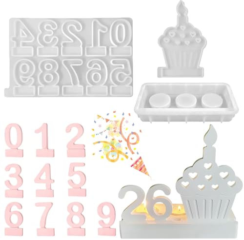 3 Stück Silikonformen Gießformen Zahlen 0-9 Kerzenhalter, Silikonform Einschieber, Silikonform Zahlen, Geburtstagskerzen Zahlen, Geburtstagskerzenhalter, Diy Kuchen Gießform(Cake + Number Mold)