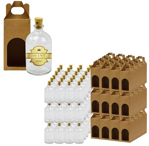100 botellas de vidrio de 100 ml con tapón de corcho y 100 cajas, ideales para decoración, almacenamiento de especias y regalos elegantes para bodas