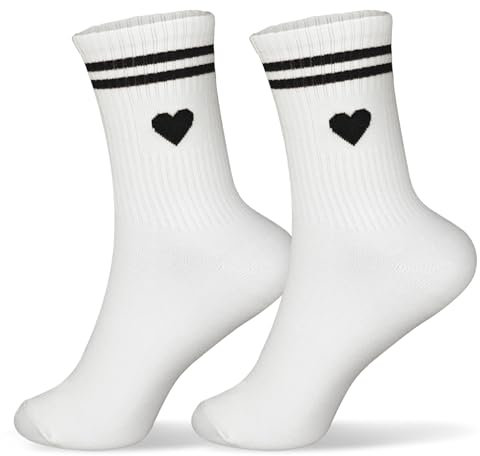 1 Paar Weiß Socken Damen 36-42 Baumwolle mit Streifen Herz lustige Geschenke für Frauen Herren Sportsocken Tennissocken (DE/NL/SE/PL, Alphanumerisch, Einheitsgröße, Regular, Regular, Schwarz)