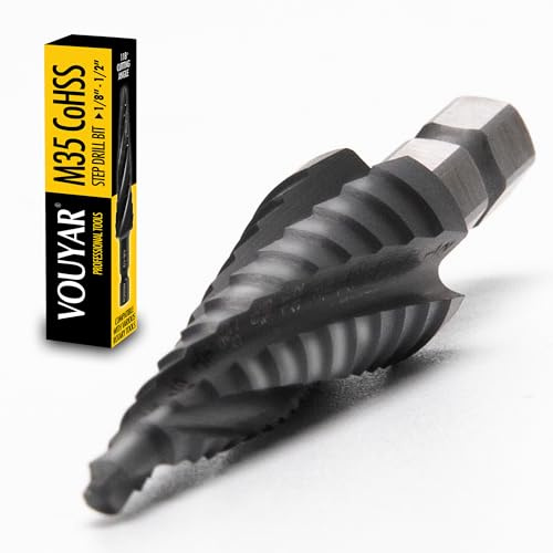 Vouyar Four Spiral Flute Cobalt Step Drill Bit, 1/8 - 1/2 M35 TiAlN Coating Impact Ready Unibit Step Drill Bit, 1/4 Hex Shank Step Bit for Metal, Stainless Steel, Aluminum, Plastic