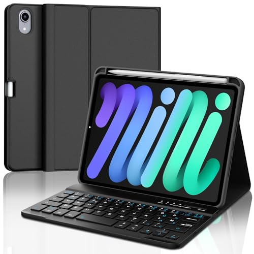 JADEMALL Coque Clavier pour iPad Mini 7 A17 Pro 2024/Mini 6 2021 8.3, AZERTY Clavier Bluetooth Détachable pour iPad Mini 7 A17 Pro 8.3, Noir