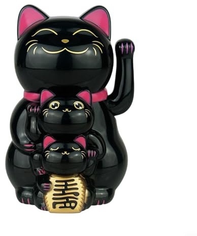 HOHOVYVY Winkekatze solar，Solarbetriebene, automatisch winkende Glückskatze als Kassierer-Ornament für eine dreiköpfige Familie(Black)