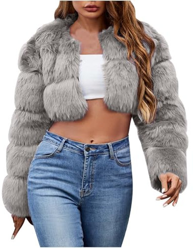Komiseup Fleecejacke Damen, Winterjacke Damen Kurze Winter Pelzmantel Elegant Kunstpelz Jacke Offener Front Wintermantel Dick Plüschjacke mit Kapuze Faux Pelz Coat Warme Kunstfell Oberbekleidung 30