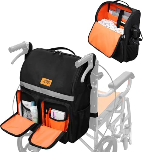 JLDTOP Wheelchair Bag, Large Waterproof Storage Backpack for Adult & Senior with Reflective Strips, Travel-Friendly & Adjustable, Fits Most Wheelchair Handles (Black)