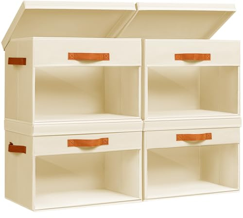 Homsorout Fabric Storage Boxes with Lids - 4 Pack Large Baskets Bins with Clear PVC Windows & Handles, Foldable Wardrobe Storage Organiser for Clothes, Blankets, Sheets, Beige, 42x30x30CM