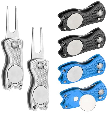 PATIKIL Golf Divot Repair Tool, 6 Pezzi Attrezzo Riparatore Divot Piegevole in Metallo con Marcatore Pallina aimanté E Forchetta in Acciaio Inox per Golfisti, Blu/Argento/Nero