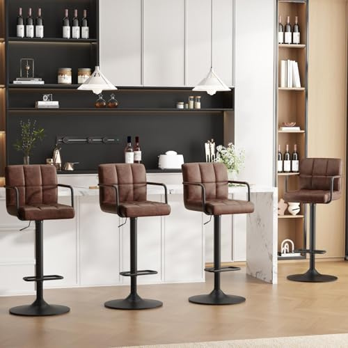 Ckaff Barhocker 4er Set, Barstuhl Höhenverstellbar aus PU-Leder, 360°Drehstuhl Küchenstuhl mit Armlehnen, Rückenlehne und Fußstütze für Bar, Küche, Esszimmer, Dunkelbraun