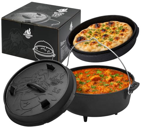 Feuergott Dutch Oven 3,5L mit Füßen – Gusseiserner Topf für Outdoor Küche, Glut, Feuerstelle, BBQ – Schmortopf für Schichtfleisch, Brot, Eintopf, Dreibein, Camping, Kochen, Braten, Grill, Feuertopf