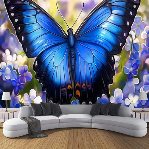 Verträumter Blauer Schmetterling Fototapete - Ölgemälde Pflanzen - Größe 260X175Cm (Breite X Höhe) Wandtapete Tapete, Wandbild Wandtattoo Dekoration - Tapete, Kinderzimmer, Kindertapete