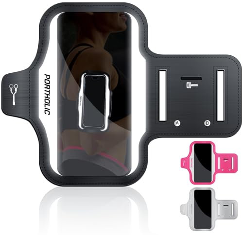 PORTHOLIC 2025 Brazalete Deportivo Antisudor con Soporte Móvil, Correa Extensible y Ranura para Tarjetas para teléfonos hasta 6,9 Pulgadas. para iPhone 17/16/15/14/13/11/XR/XS, Galaxy S25/24/S10