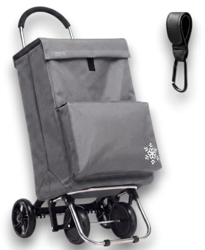 POPYS® Carro de la Compra de 50L + Gancho Multiusos de Regalo con Compartimento Refrigerante | Carrito Compra de 4 y 2 Ruedas Ideal para Supermercado (Requiere Montaje) (Gris.)