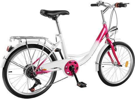 LIAIZE 20 Zoll 6-Gang Fahrrad, Kinderrad mit Vorderes Licht, Kohlenstoffstahl Citybike mit Schutzblech, Kinderfahrrad Mädchen Tragfähigkeit 90kg 1.55-1.70m (Rosa, Weiß)