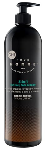 CHI Pour Homme 3-in-1 Hair, Face & Body Wash for Men, Sulfate-Free Cleansing & Moisturizing Shampoo, Fresh Woody Scent, Aloe Vera & Nettle-Infused Grooming Cleanser, 25 oz