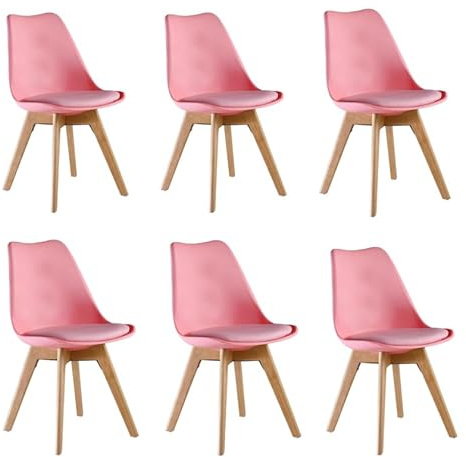 Single Set of 2/4/6 Retro Modern Dining Chairs – Lorenzo Plastic Chairs with Cushioned Pad Seat & Solid Beech Wooden Legs - Side Chair for Living Room Kitchen Office Lounge (Pink, Pack of 6)