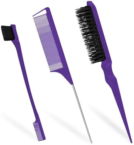3 Pcs Hair Brush Set, Slick Back Hair Brush Edges Brush, Rat Tail Comb, Plastic Bristle, Teasing Brush Set for Women Smoothing Hair (Purple)
