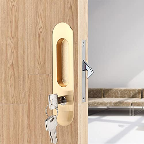 Serrure de Porte Sécurité Coulissante avec Clé (dorée) | Serrure de Porte Coulissante en Alliage de Zinc, pour salle de bain, armoire, cuisine, balcon