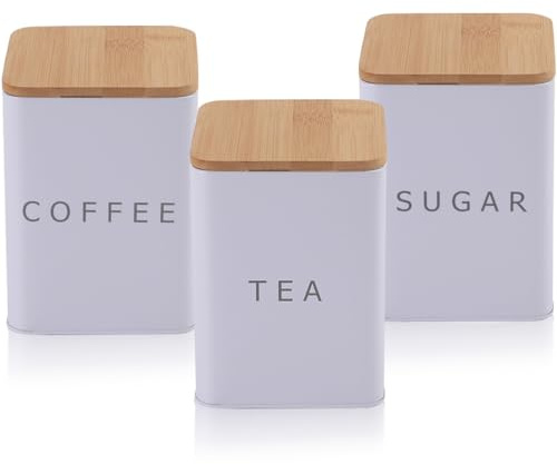 LOSYHU 3Pcs 1600 ML Tea Coffee Sugar Canister Set of 3, Tea Coffee and Sugar Canisters with Airtight Bamboo Lid, Kitchen Canister Set with Name Marker, Sugar Storage Jars for Kitchen (White, Square)