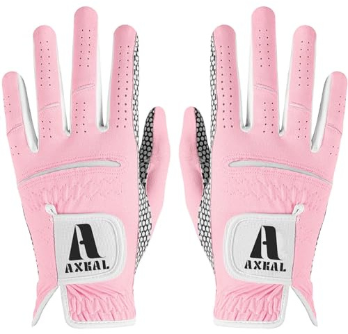 AXKAL Golf Gloves Women Enhanced Grip Comfortable Value 2 Pack Right Left Hand, Lightweight All Weather Breathable Ladies Golf Gloves Purple Pink Sizes S M ML L XL (Pink, M, Ambidextrous)