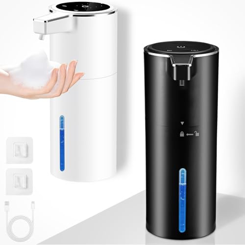 Dispensador de jabón automático, Montaje en Pared, sin Contacto, 400 ml, dispensador de jabón eléctrico con Sensor, Recargable por USB, batería de 1800 mAh para baño, Cocina, Oficina (Espuma, Negro)