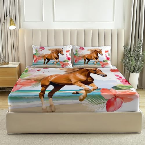 Lenzuolo con angoli Matrimoniale 160x190 cm – motivo Spiaggia Cavallo Fiore, morbido lenzuolo in microfibra spazzolata per materassi alti fino a 30 cm, adatto a bambini e adulti, Bianco