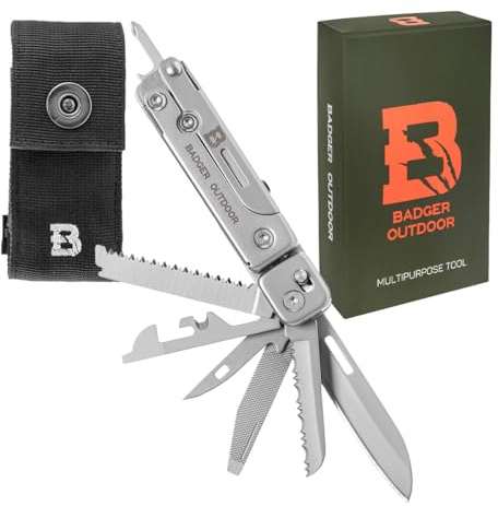 Badger Outdoor Robust 13in1 Multitool Edelstahl - Camping Zubehör | Taschenmesser EDC Werkzeug - Multifunktionswerkzeug Geschenke für Männer - Survival Messer mit Schere Clip Camping Gadgets