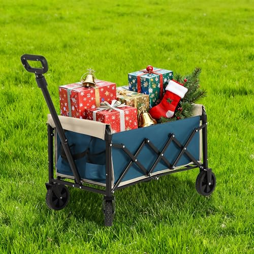 Bollerwagen Faltbar Klein 70L 60KG Tragkraft, Stabiler Handwagen Klappbar mit Höhenverstellbarer Griff & Seitentasche, Gartenwagen Einkaufswagen für Camping, Einkauf und Ausflug, Blau