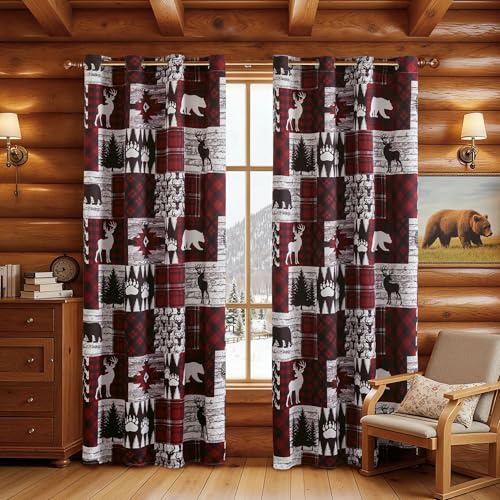 Red Christmas Rustic Cabin Curtains 2 Panels Country Style Curtain 50% Light Blocking Darkening Grommet Window Treatments Farmhouse Patchwork Plaid Decorative for Living Room Bedroom, 52x84 inches