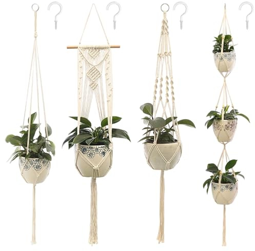GEEKEO Makramee Blumenampel Hängend Innen, 4er Set Boho Deko Baumwollseil Hängeampel mit Haken, Makramee Blumentopf Hängend, Boho Zimmer Deko, Hängepflanzen Topf für Balkon Fenster Deko