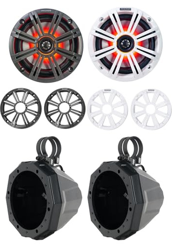 Kicker 45KM654L Bundle: Pair 6.5 in 390-Watt Peak/130-Watt RMS 4-Ohm Marine LED Coaxial Speakers, Pair 6.5 in Tower Pods Enclosures with 2 in Clamps, 4-Items