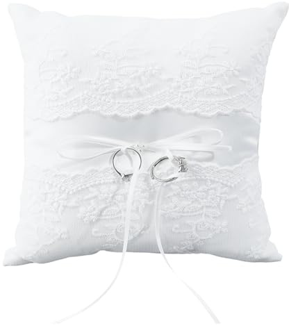 GORGECRAFT Vigselring kudde 18 x 19 cm vitt band med pärlor ringkudde för bröllopsfest, ceremoni strandbröllop, bröllop, förlovning årsdag