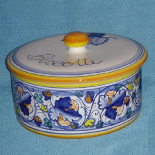 Ceramica Dipinta a Mano RICCERI: Biscottiera Foglie Blu 25cm