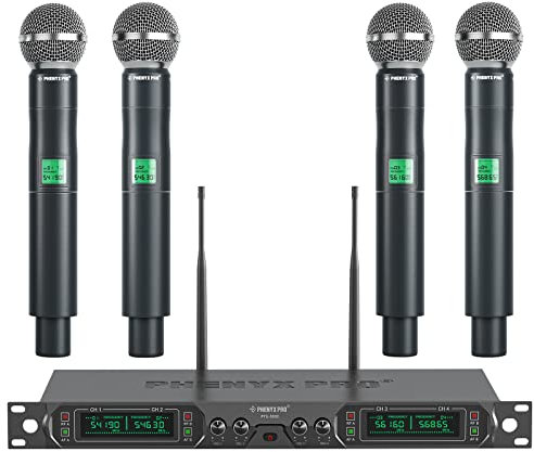 Phenyx Pro Mikrofon kabellos,4-Kanal Karaoke Mikrofon,Kabelloses Festfrequenz-Metall-Funkmikrofon mit 4 Handmikrofonen für Gesang, Kirche, DJ (PTU-5000A)